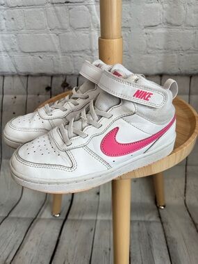 Nike Kids Borough Mid 2 White High-Top Sneakers with Pink Swoosh